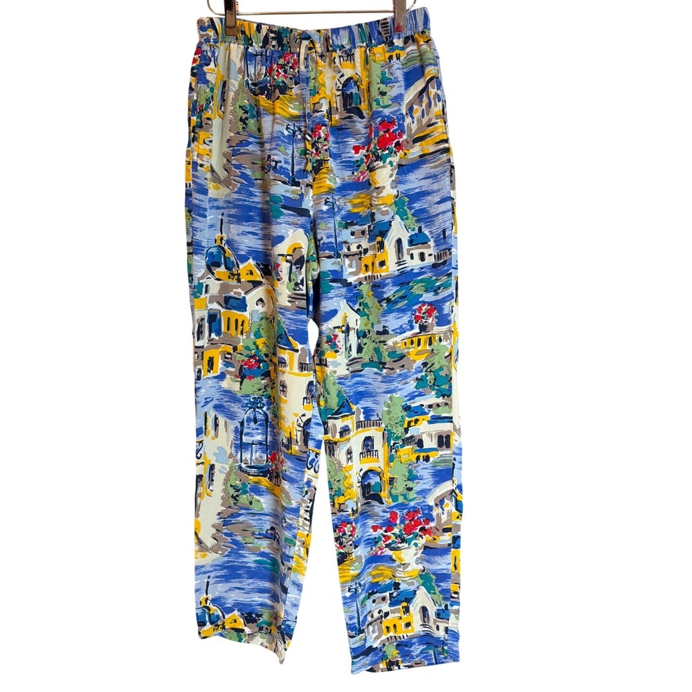 Natalie & Me Womens 100% Silk Village Print Drawstring Pants Blue Yellow Size M